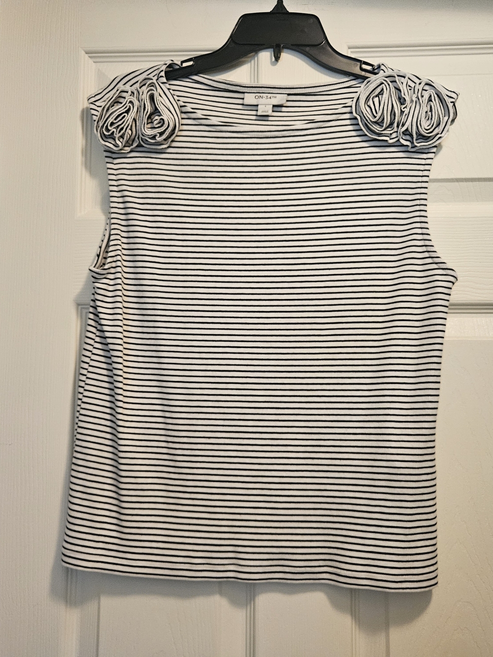 ON-3-3® Black & White Striped Sleeveless Tank with Shoulder Rosettes